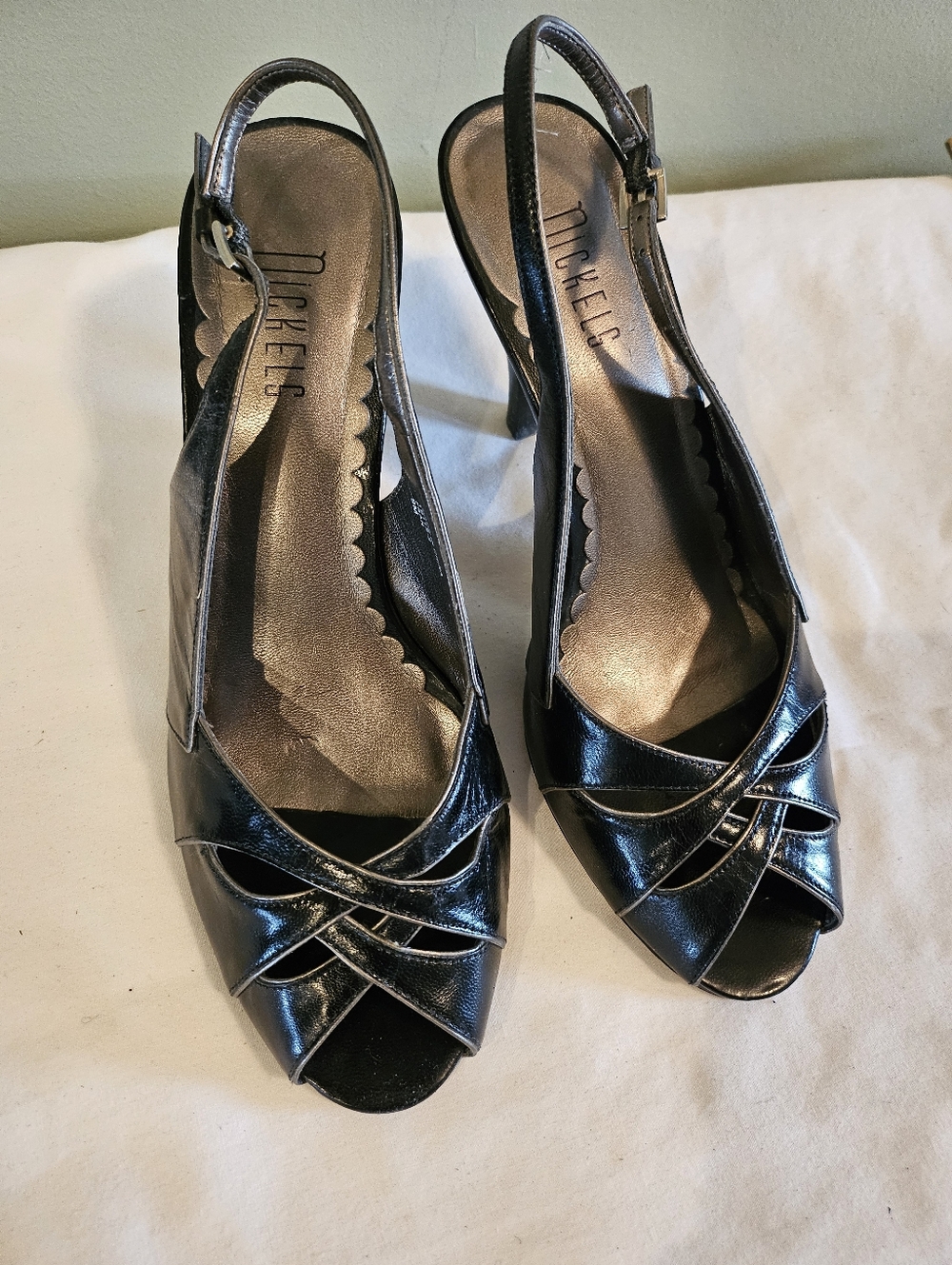 Nickels Black Patent Slingback Peep-Toe Heels with Crisscross Straps